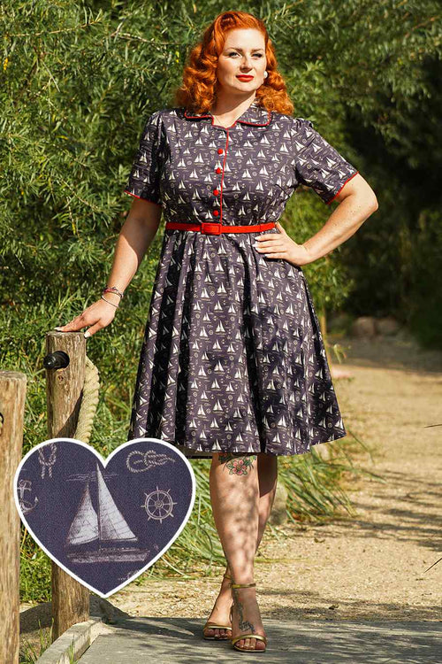Penelope Nautical Sailboat Shirt Dress in Navy Blue