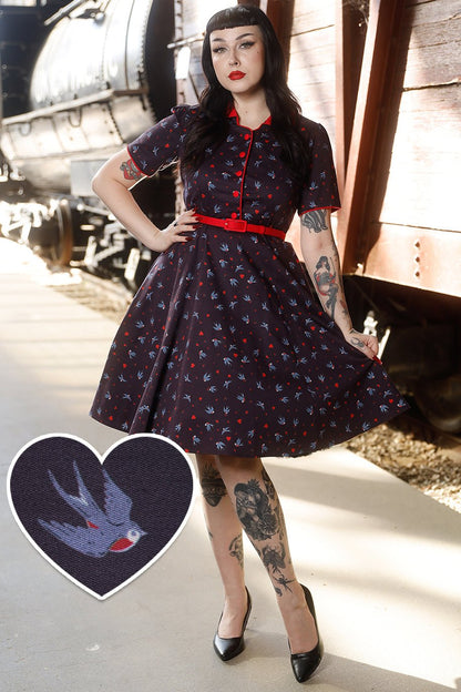 Penelope Navy Blue Swallow Shirt Dress