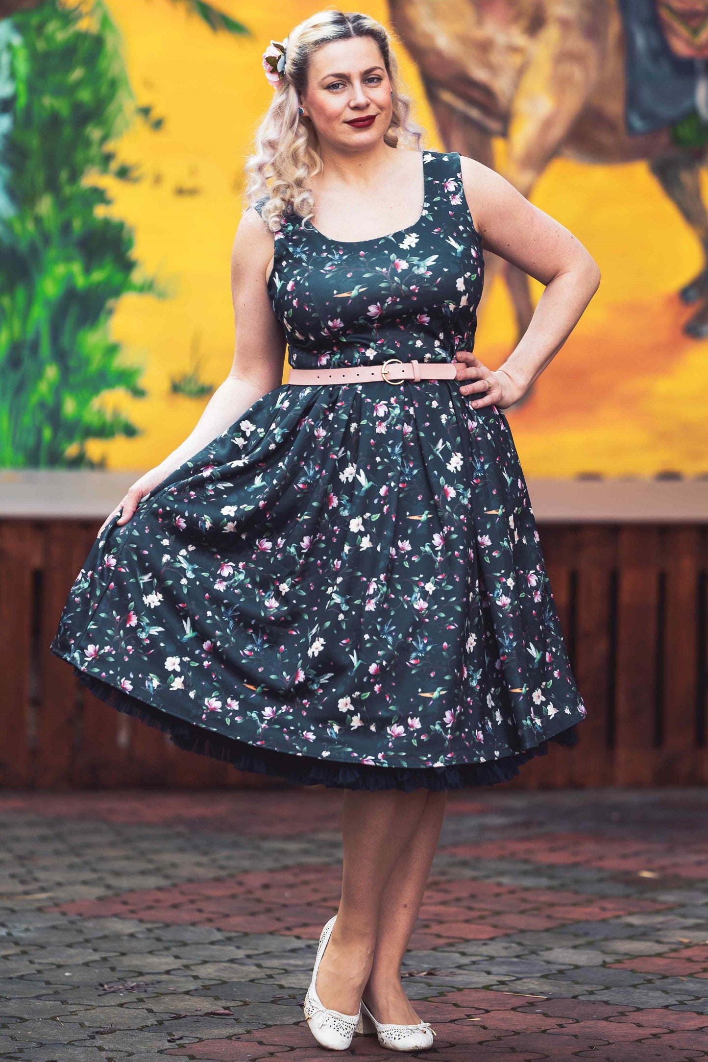 Amanda Navy Hummingbird Swing Dress