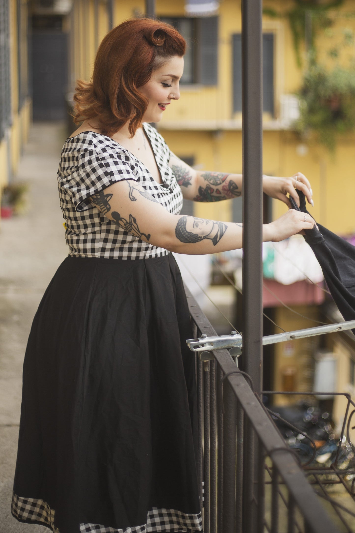 Lily Off Shoulder Black/White Gingham Swing Dress