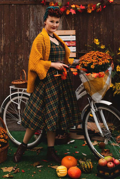 Lily Off Shoulder Green Tartan Check Circle Dress