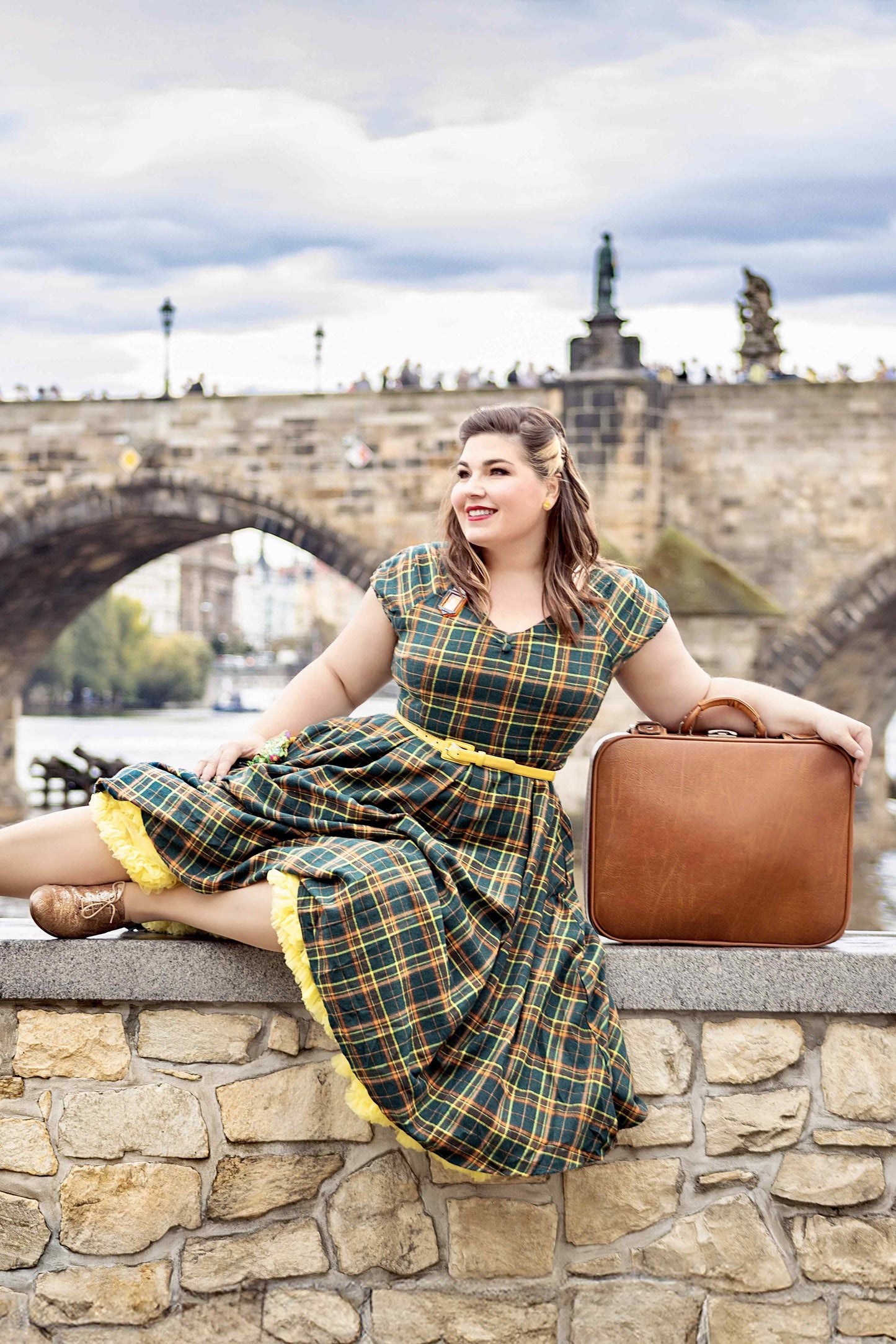 Lily Off Shoulder Green Tartan Check Circle Dress