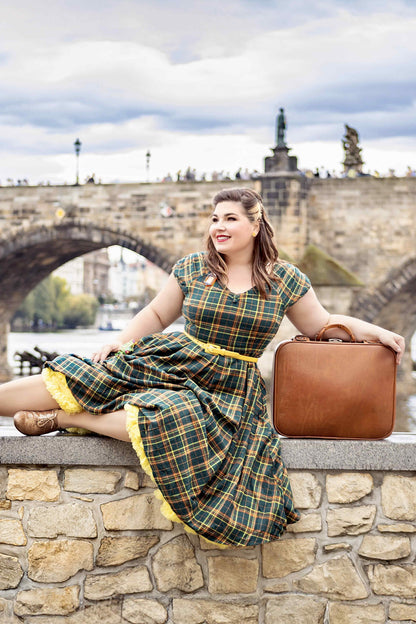 Lily Off Shoulder Green Tartan Check Circle Dress