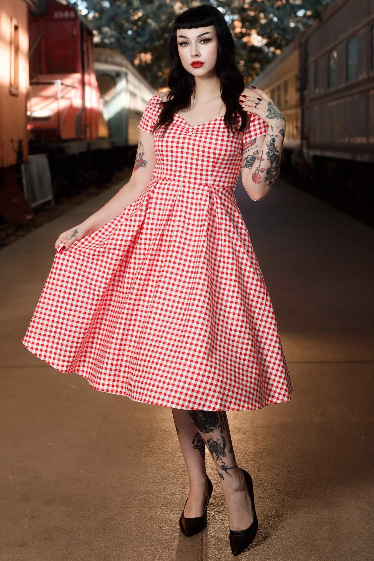 Lily Off Shoulder Red Gingham Swing Dress