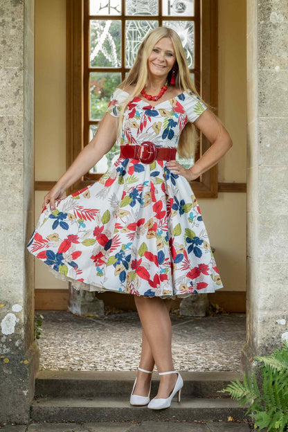 Lily Off Shoulder Tropical Floral Swing Dress In White