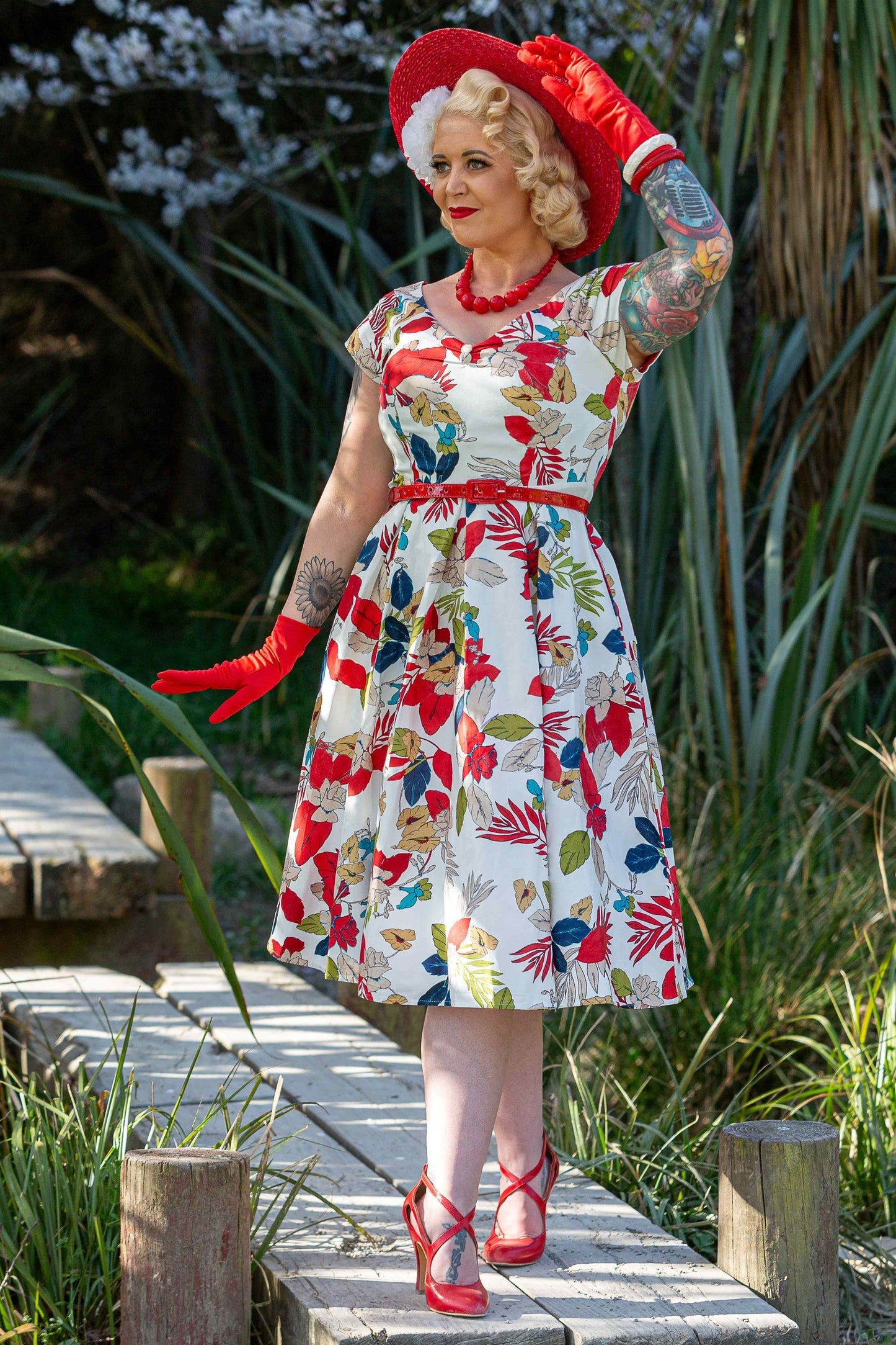 Lily Off Shoulder Tropical Floral Swing Dress In White