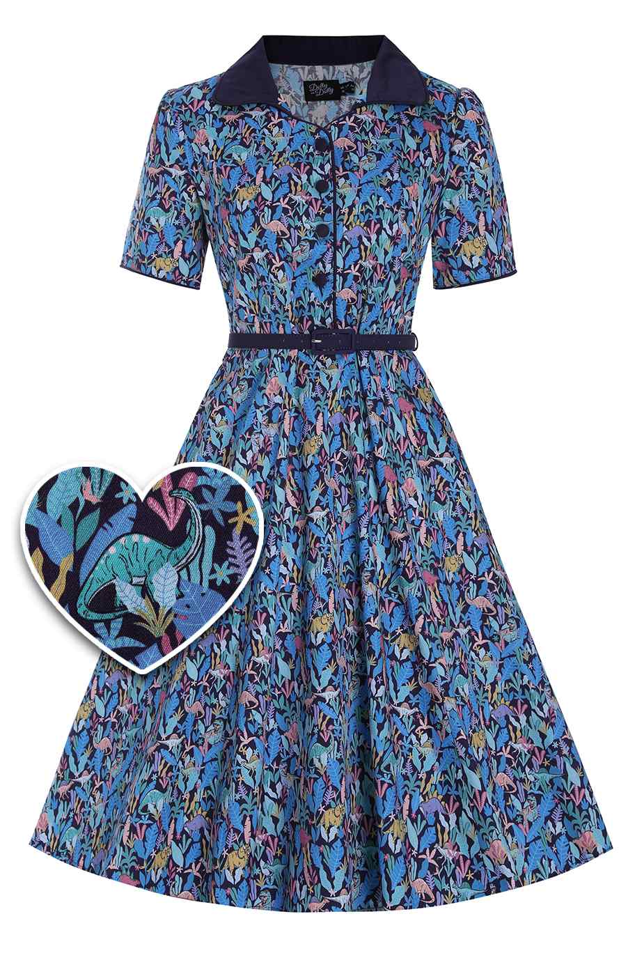 Penelope Dinosaur Shirt Dress in Navy Blue