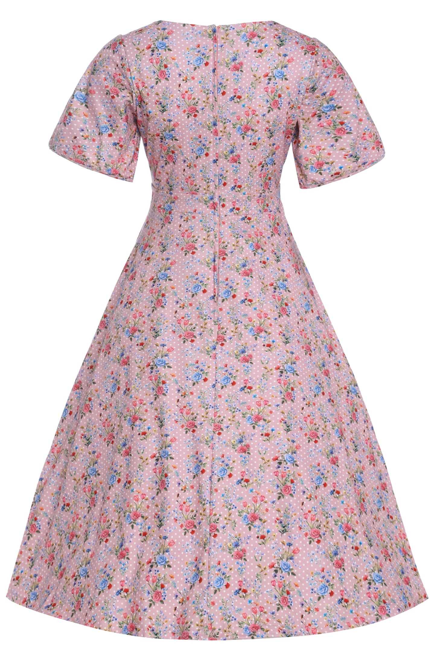 Janice Pink Floral Polka Dot Petal Sleeve Dress