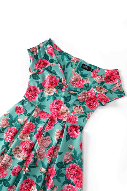 Lily Pink Peony Off Shoulder Dress In Mint Green