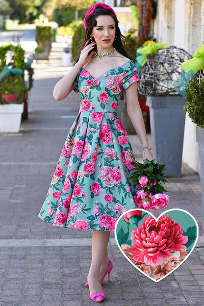Lily Pink Peony Off Shoulder Dress In Mint Green