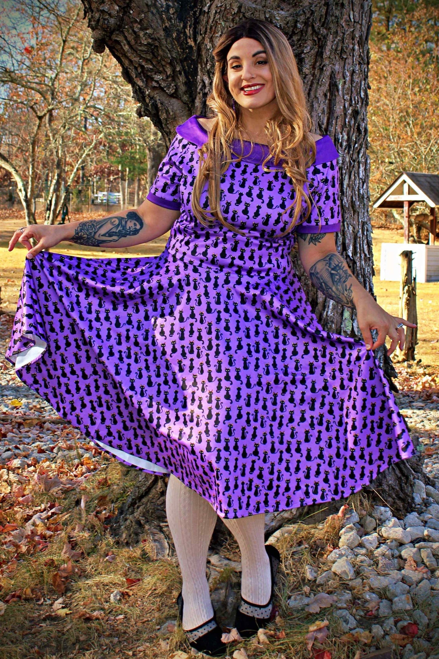 Darlene Purple Black Cat Swing Dress