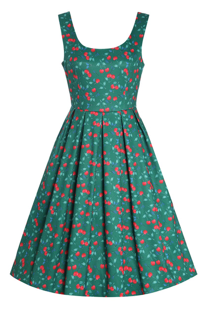 Amanda Red Cherry Flared Dress In Green