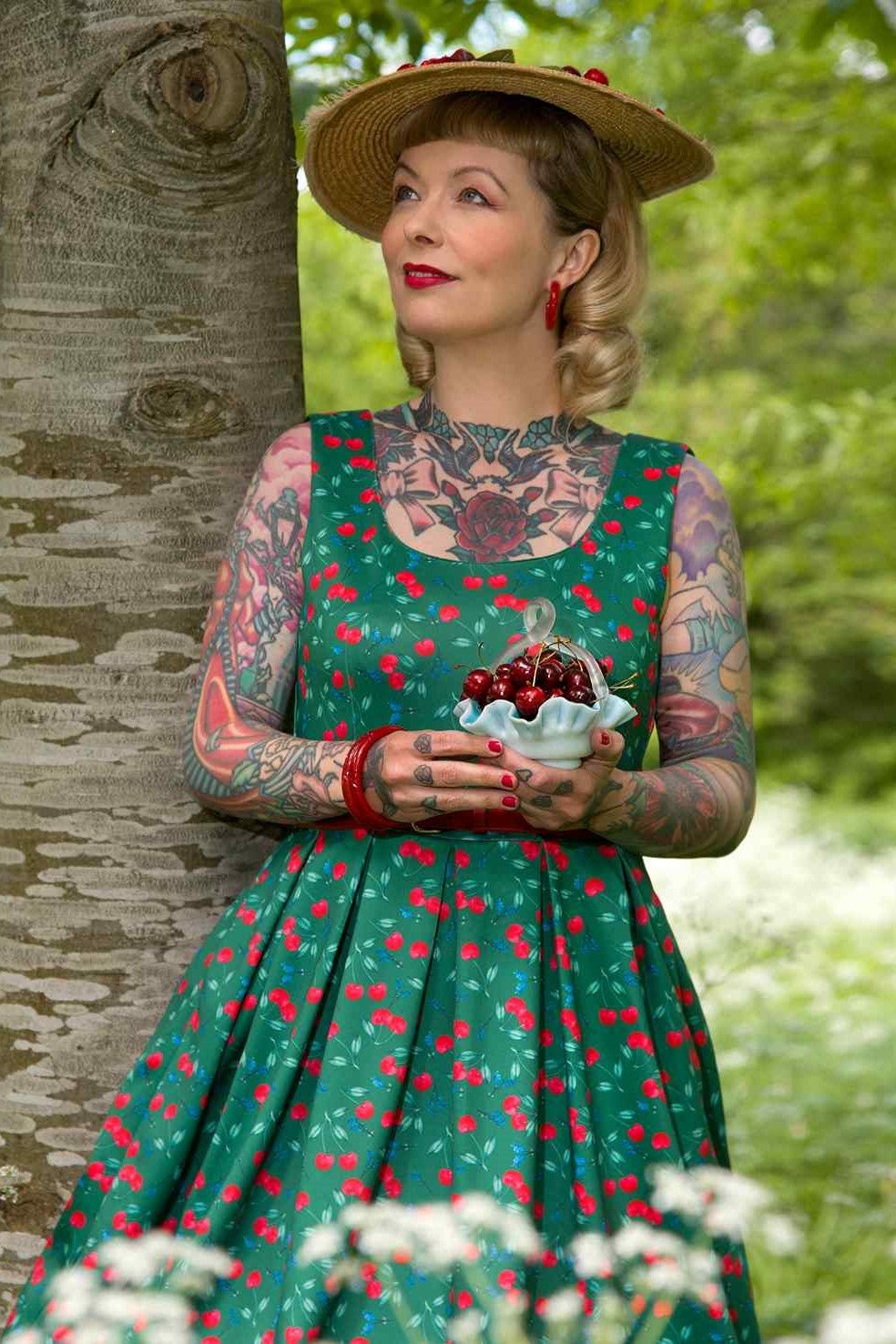 Amanda Red Cherry Flared Dress In Green