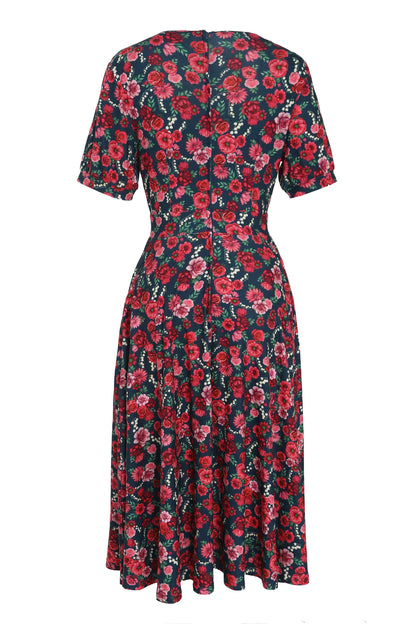 Julia Red Floral Midi Dress In Petrol Blue