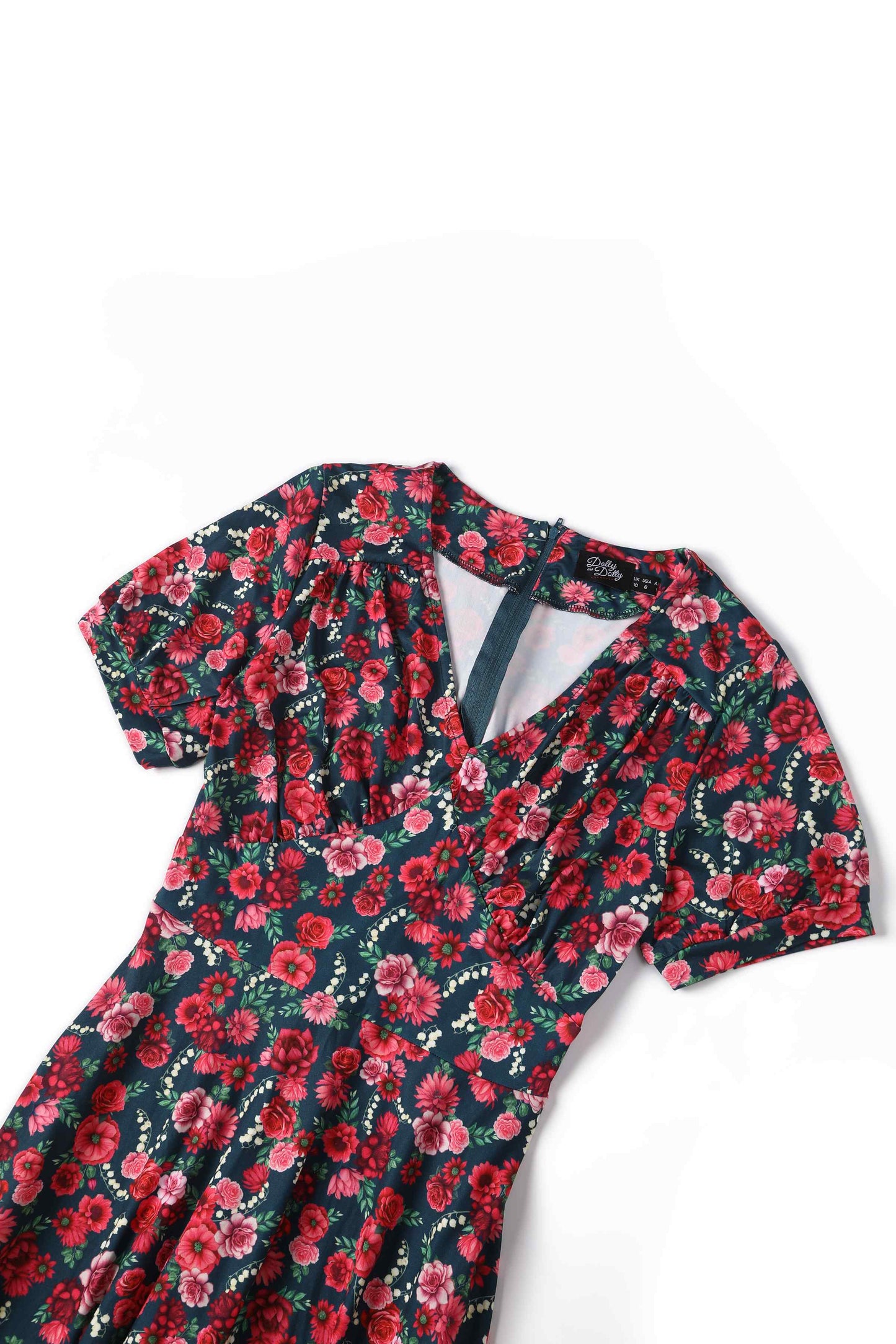 Julia Red Floral Midi Dress In Petrol Blue