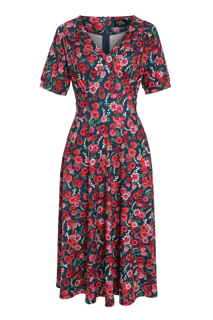 Julia Red Floral Midi Dress In Petrol Blue