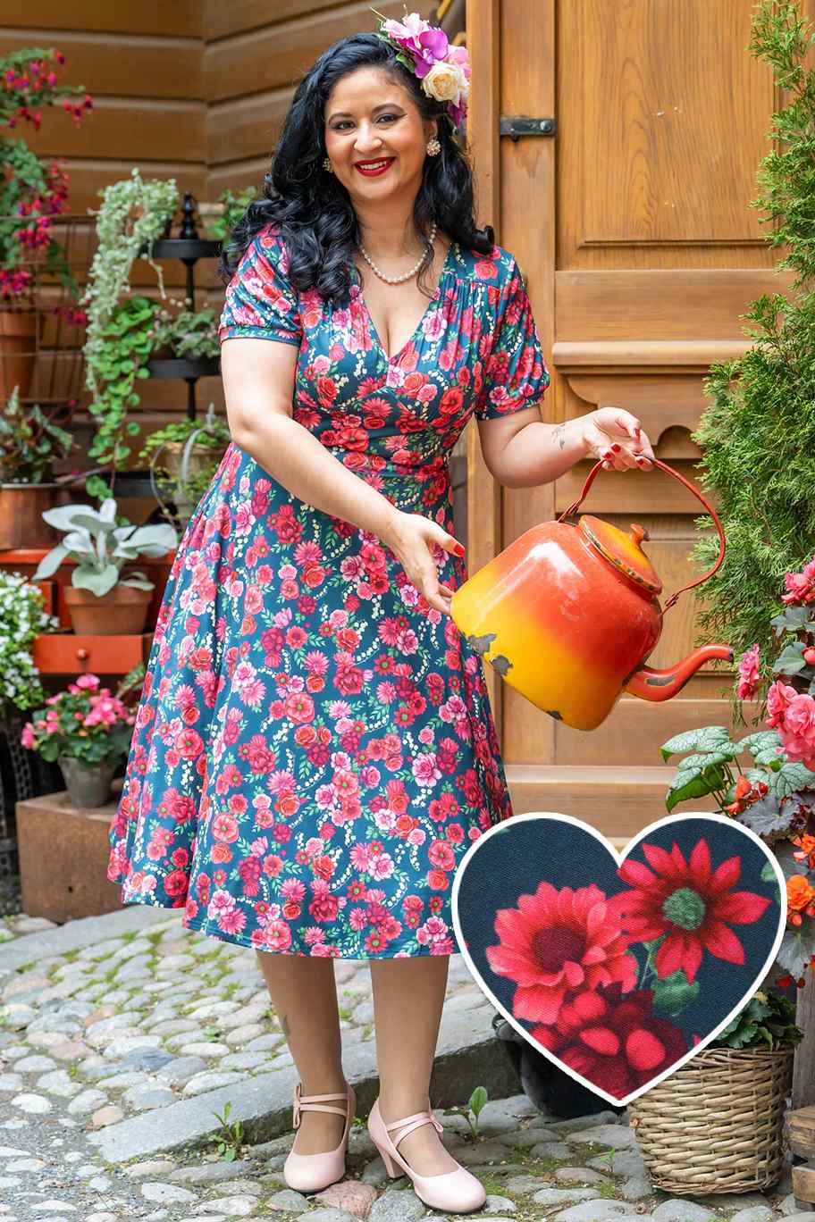 Julia Red Floral Midi Dress In Petrol Blue