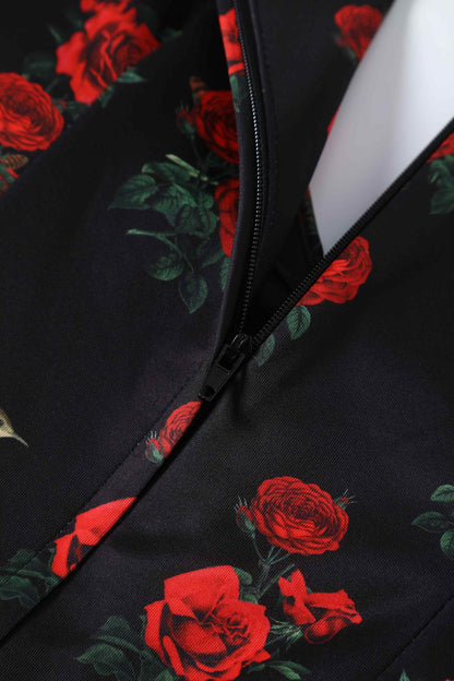 Lily Red Rose & Bird Off Shoulder Dress In Black
