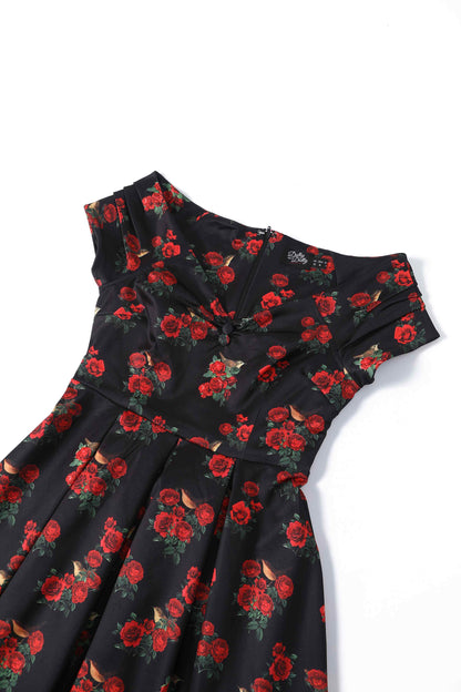 Lily Red Rose & Bird Off Shoulder Dress In Black