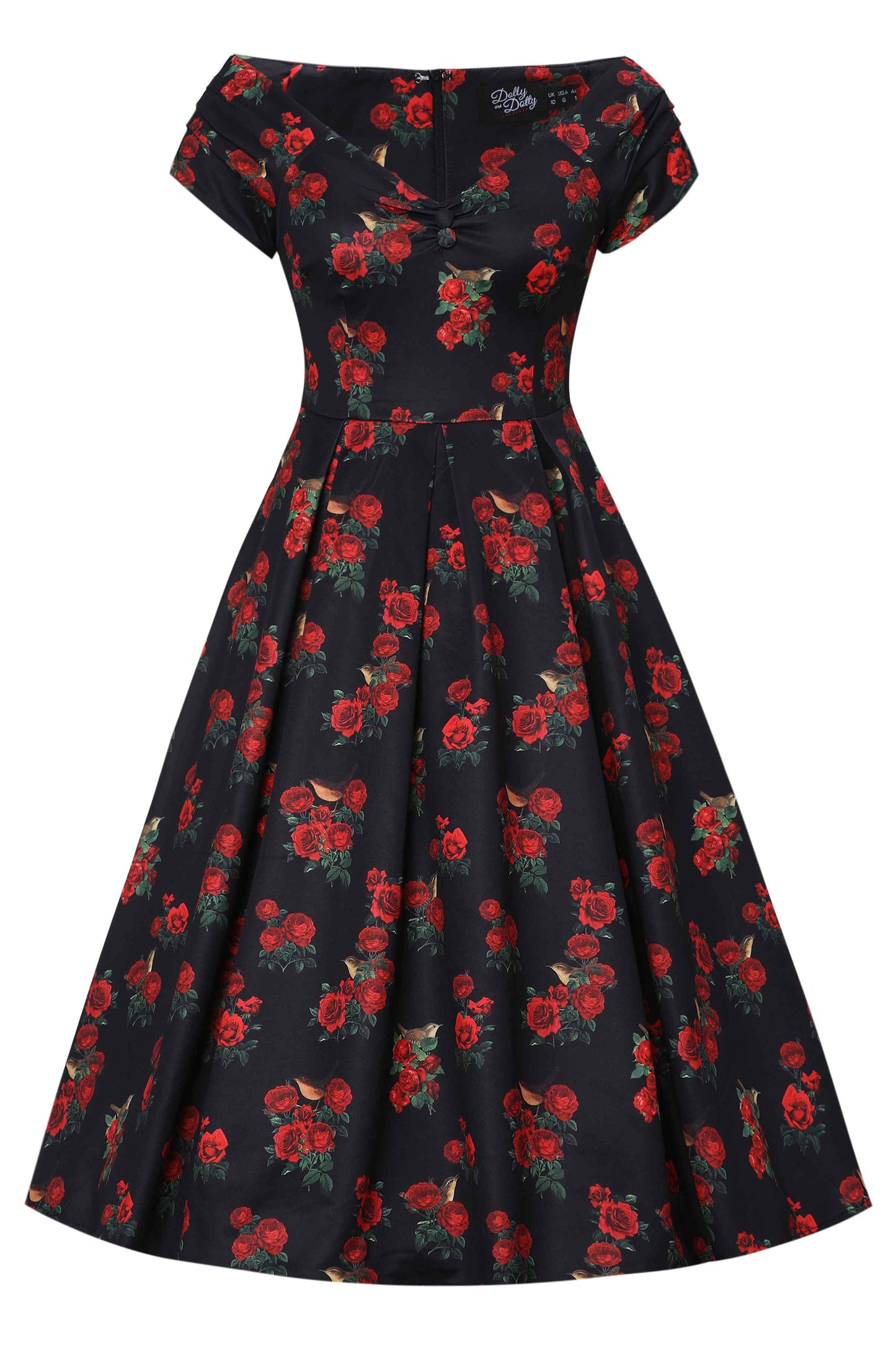 Lily Red Rose & Bird Off Shoulder Dress In Black