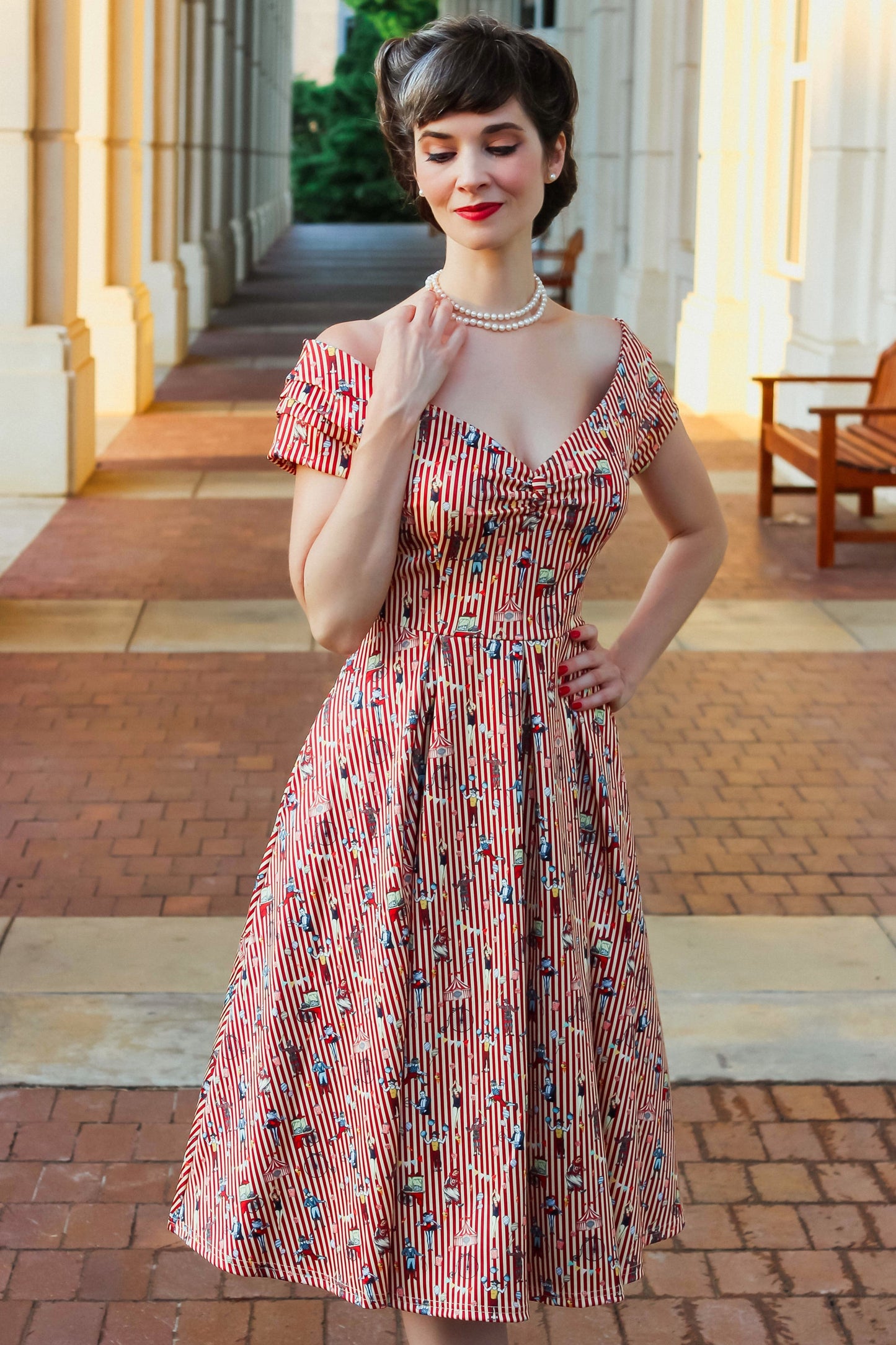 Lily Red Striped Circus Off Shoulder Dress
