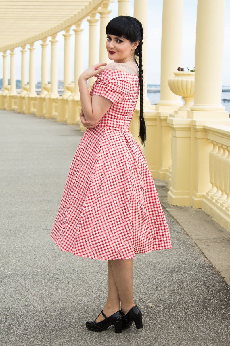 Lily Off Shoulder Red Gingham Swing Dress