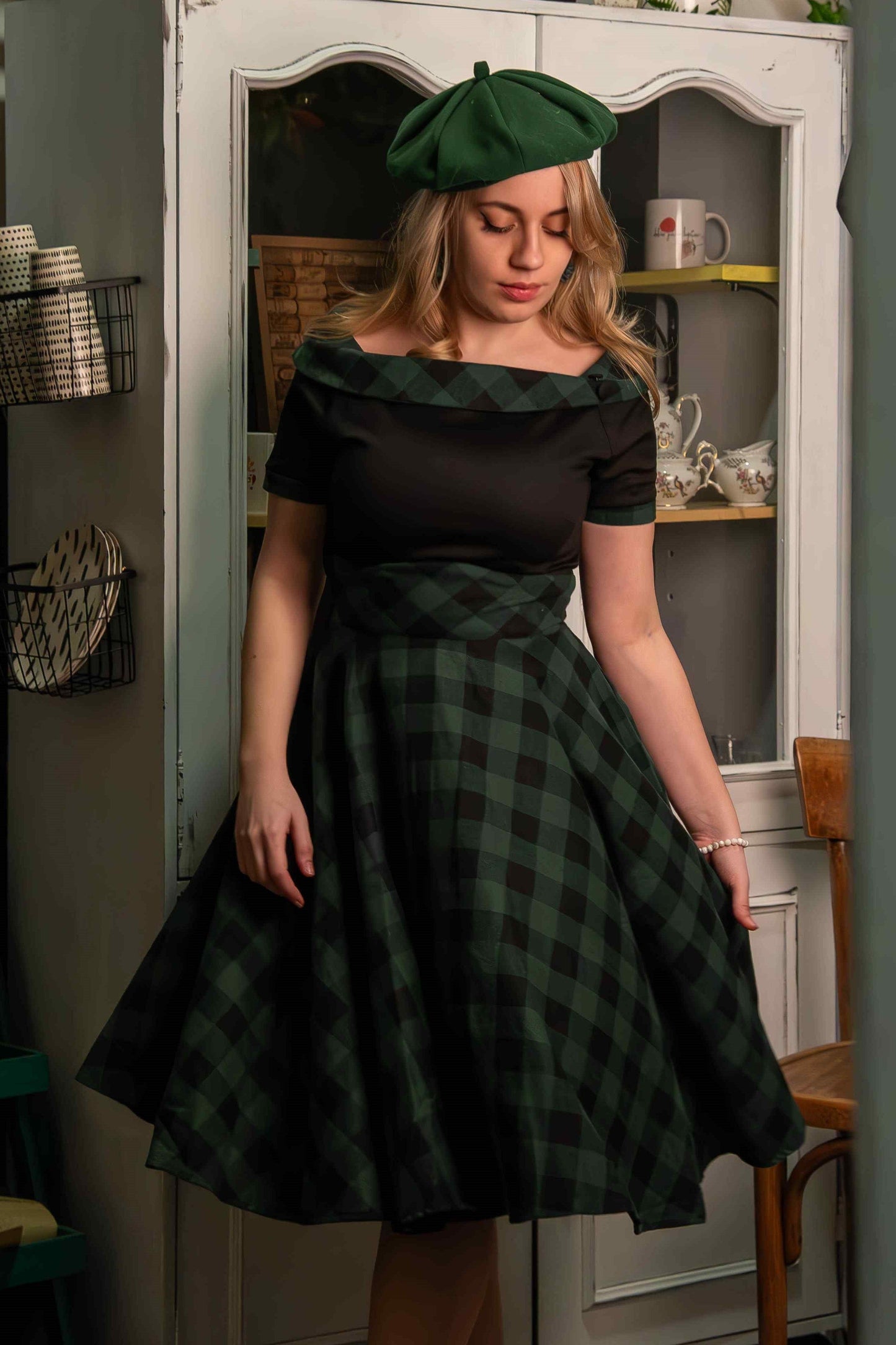 Darlene Retro Black & Green Tartan Swing Dress