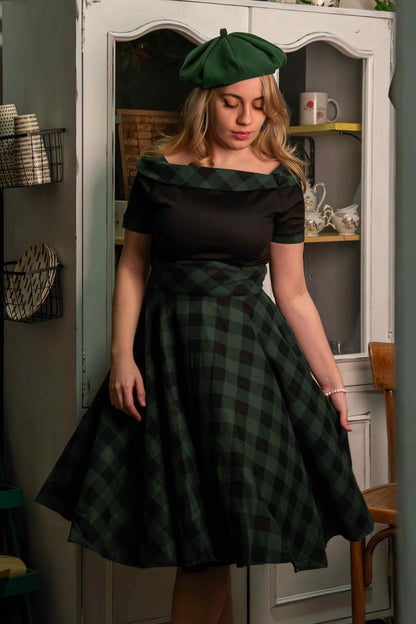 Darlene Retro Black & Green Tartan Swing Dress