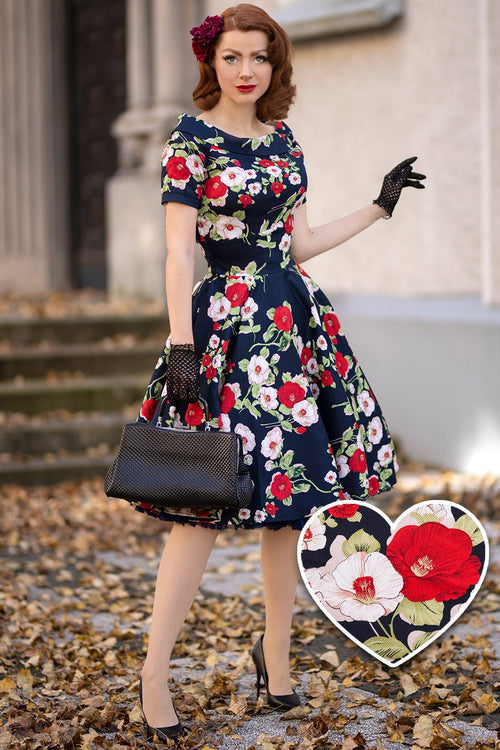Darlene Retro Floral Roses Swing Dress in Navy Blue