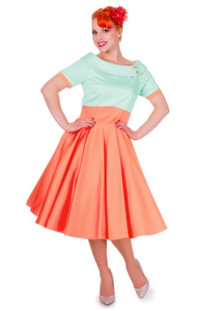 Darlene Retro Full Circle Dress in Mint Green/Coral
