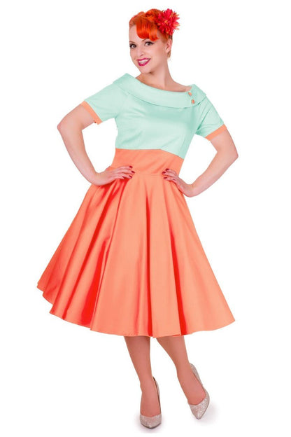 Darlene Retro Full Circle Dress in Mint Green/Coral