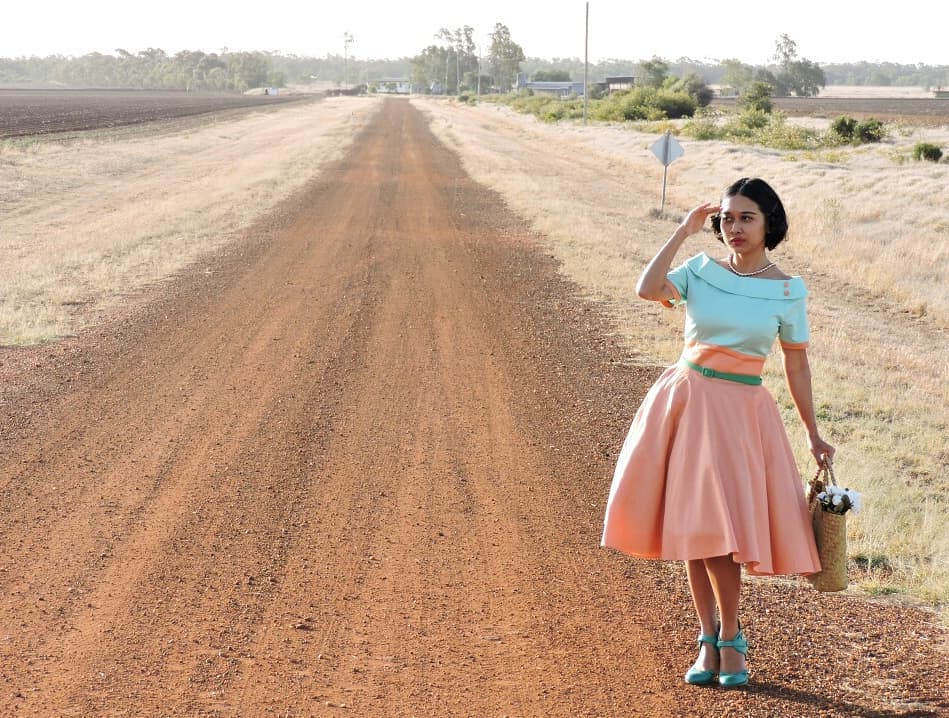 Darlene Retro Full Circle Dress in Mint Green/Coral