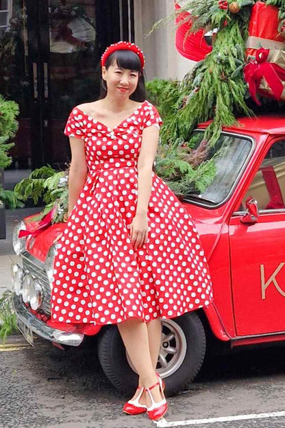 Lily Retro Off Shoulder Red Polka Dot Swing Dress