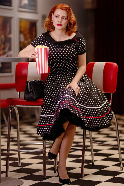 Darlene Retro Swing Dress in Black-White Polka Dots