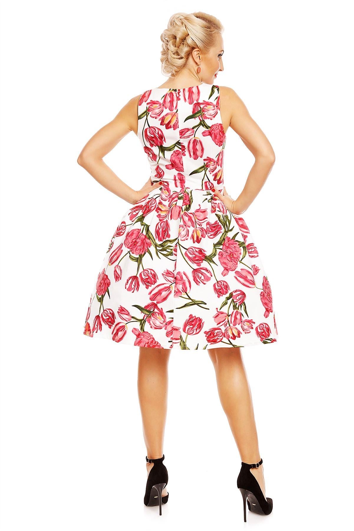 Annie Retro Tulip Floral Swing Dress in White-Pink