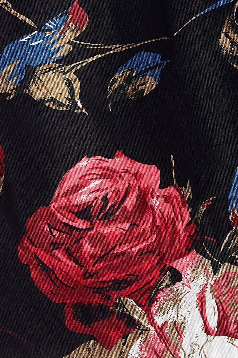 Darlene Rockabilly Floral Roses Swing Dress in Black
