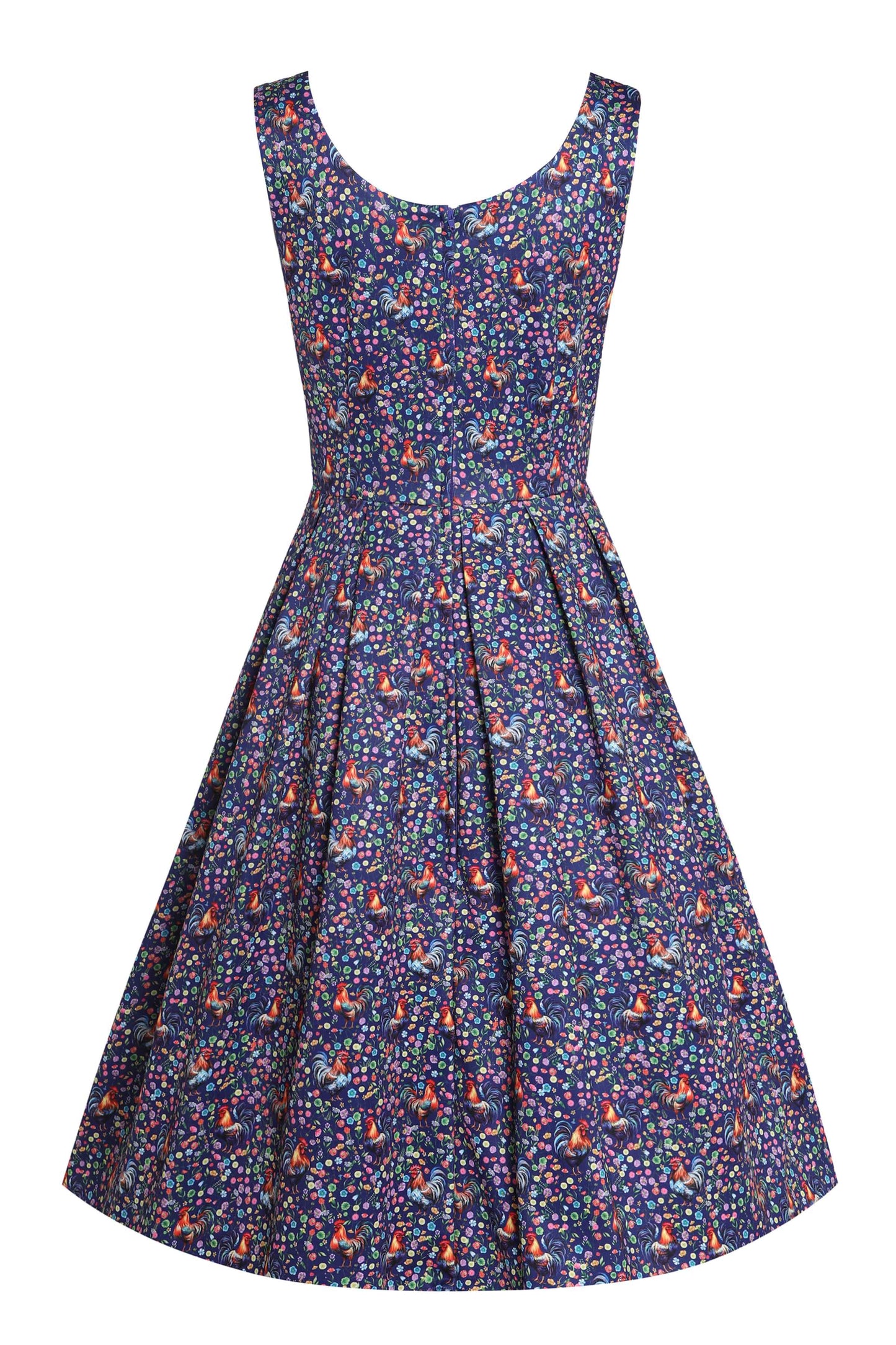 Amanda Flared Dress in Purple Floral Rooster Print