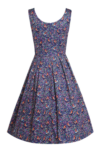 Amanda Flared Dress in Purple Floral Rooster Print