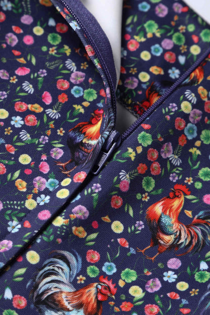 Amanda Flared Dress in Purple Floral Rooster Print