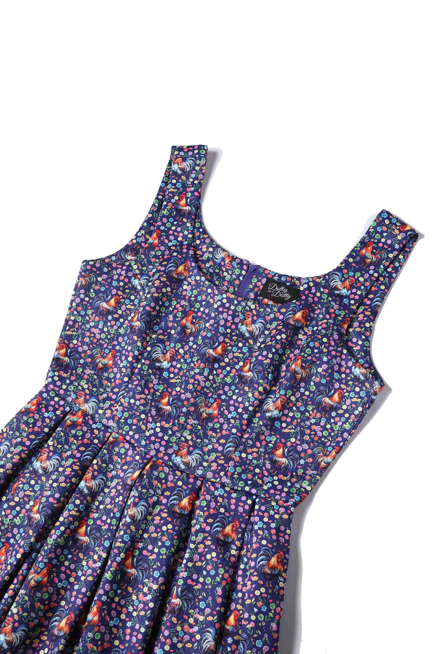Amanda Flared Dress in Purple Floral Rooster Print