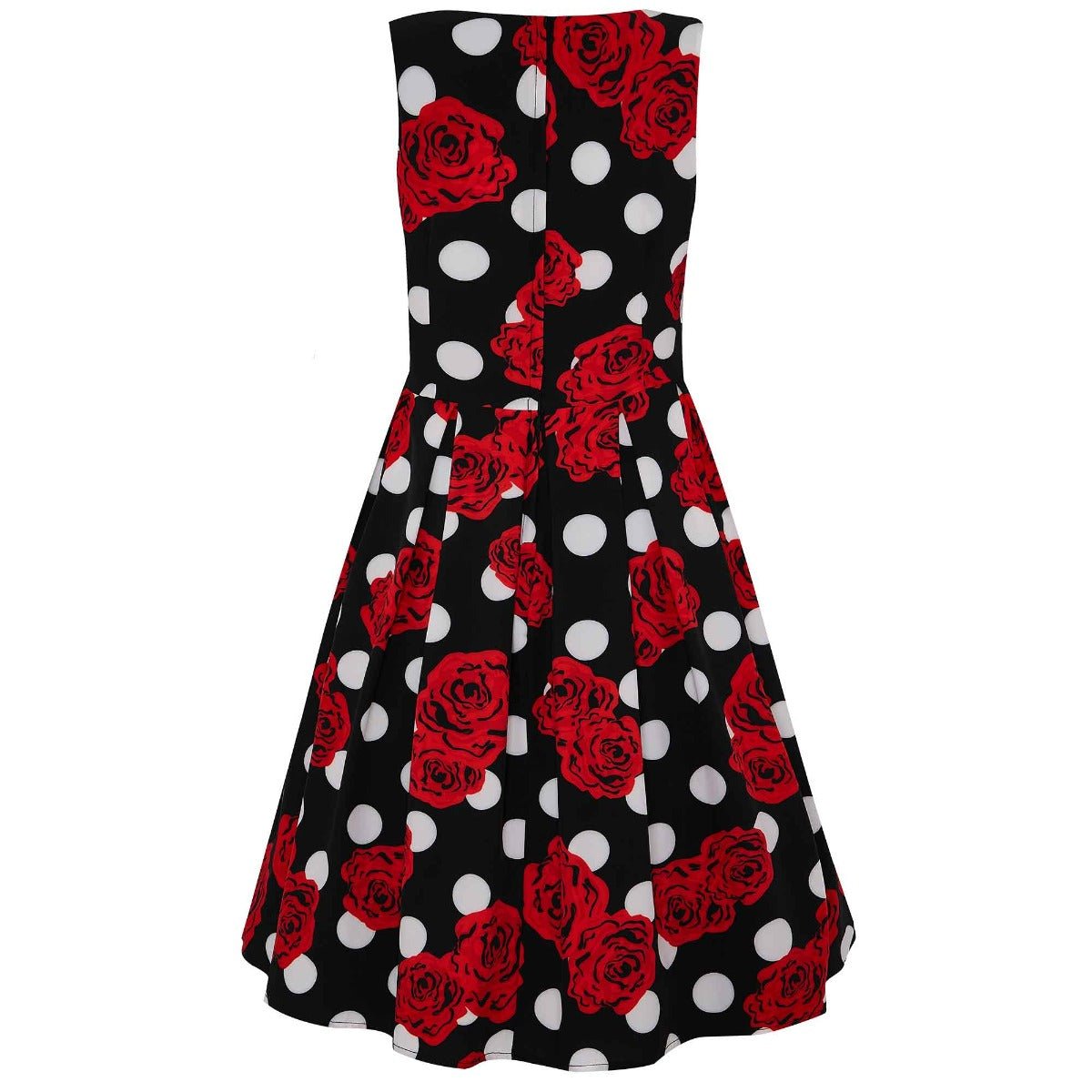 Annie Retro Inspired Swing Tea Dress Black Polka Dots & Red Roses