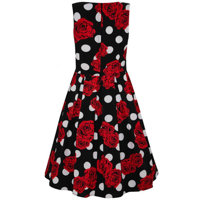 Annie Retro Inspired Swing Tea Dress Black Polka Dots & Red Roses