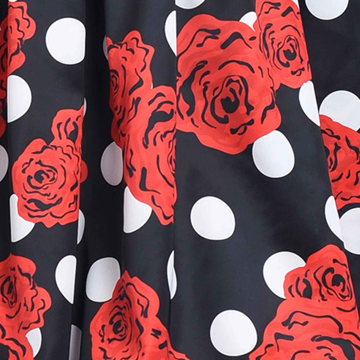 Annie Retro Inspired Swing Tea Dress Black Polka Dots & Red Roses