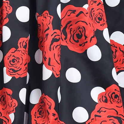 Annie Retro Inspired Swing Tea Dress Black Polka Dots & Red Roses