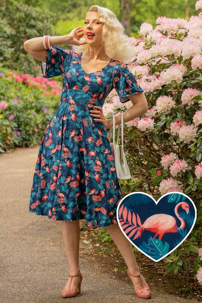 Janice Sleeved Tea Dress In Blue Flamingo & Leaves Print