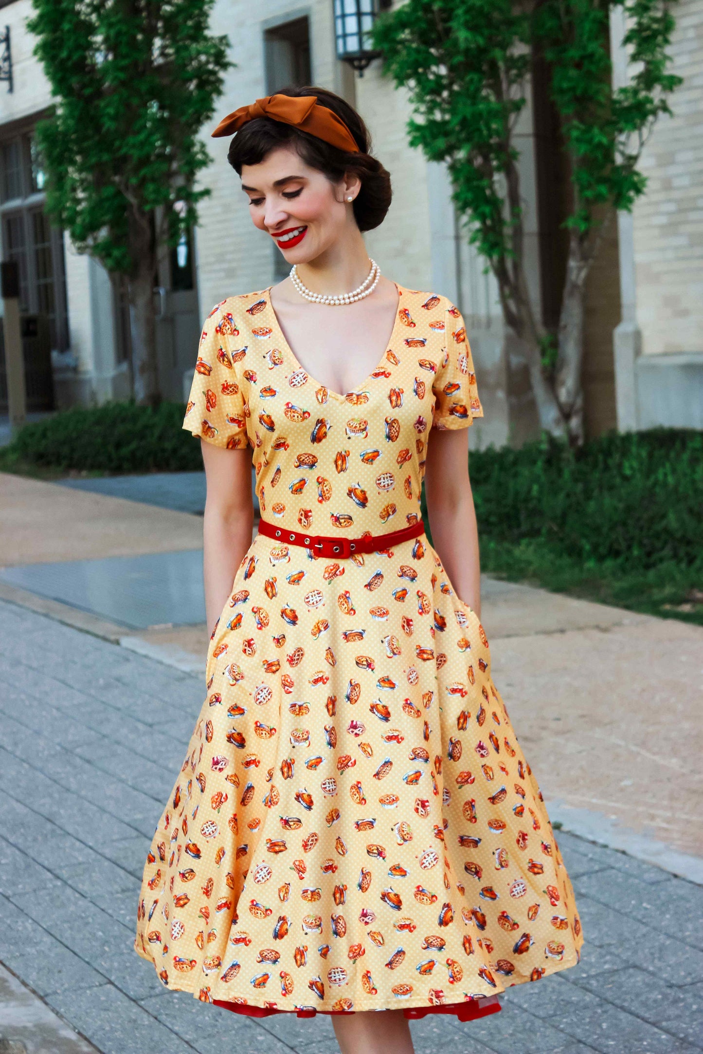 Palma Sleeved Tea Dress in Muted Orange Apple Pie Print