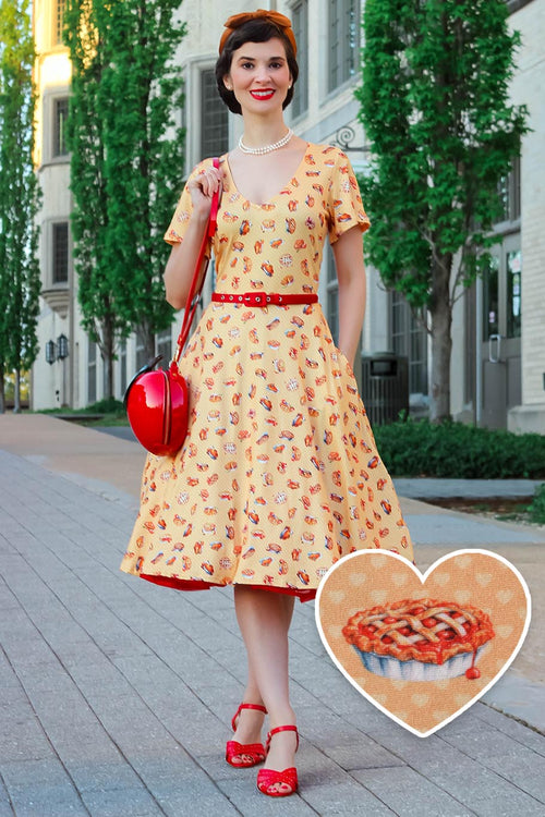 Palma Sleeved Tea Dress in Muted Orange Apple Pie Print