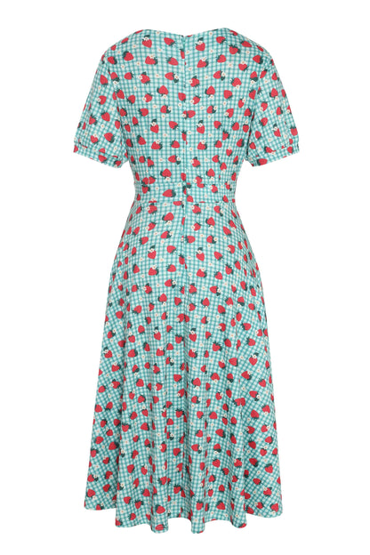 Julia Strawberry Midi Dress In Blue Gingham