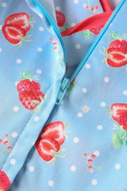 Grace Blue Strawberry Pleated Bust Dress