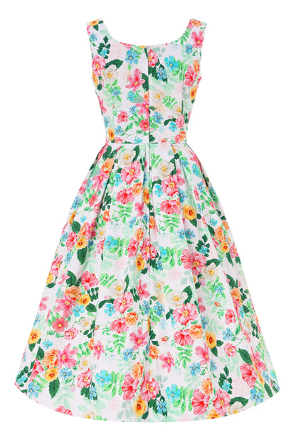 Amanda Vintage Inspired Floral Flared Dress In White